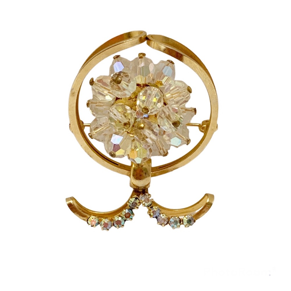 Vintage aurora borealis rhinestone cluster abstract flower brooch pin gold tone